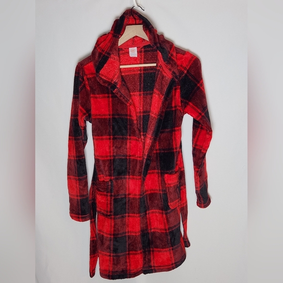 Youth XL Red and Black Plaid Hooded Robe Soft Cozy Buffalo Plaid Hooded - Picture 1 of 8